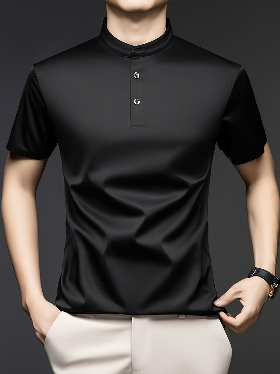 Joshime OBM Men's T-Shirt, New Summer Style, Men's Stand Collar Solid Color Short Sleeve Tee, Middle-Aged Casual Half-Sleeve T-Shirt - Black