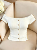 Women's New Summer French-Style Elegant and Fashionable Simple Button-Decorated Off-Shoulder Crew Neck Ribbed Slim-Fit T-Shirt Top - White