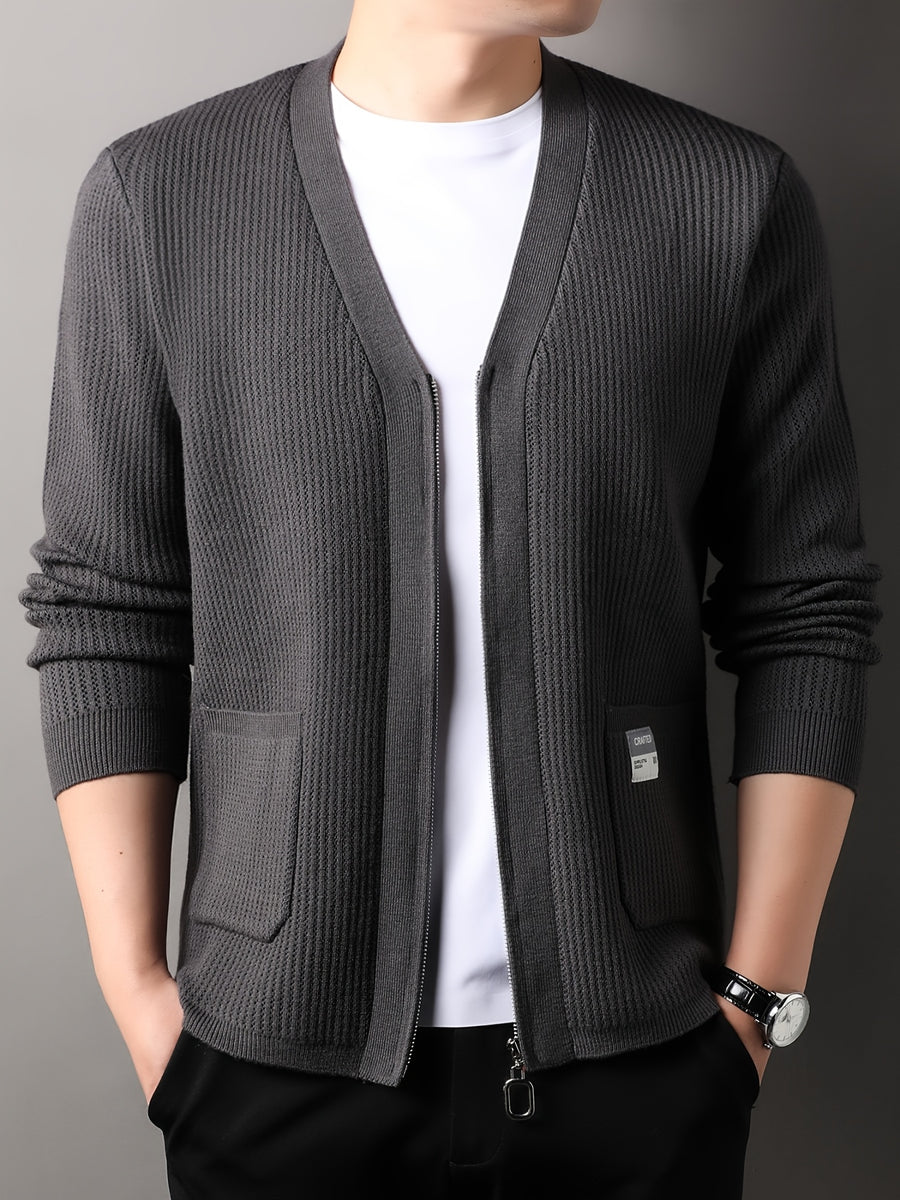 Men's Old Money Style Knit Cardigan Sweater Jacket - Solid Color V-Neck Zipper Front with Side Pocket, Open Front Zipper Suitable for Business Casual, Layering for Golf, Outdoor, Vacations, Spring/Autumn Wear, Versatile for Daily Outfits - Dark Gray