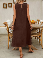 Women'S Solid Sleeveless Dress, with Double Pockets, Casual Holiday Style - Coffee Brown