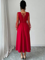 Elegant Women's Solid Color Patchwork Mesh Long Sleeve Dress - Red