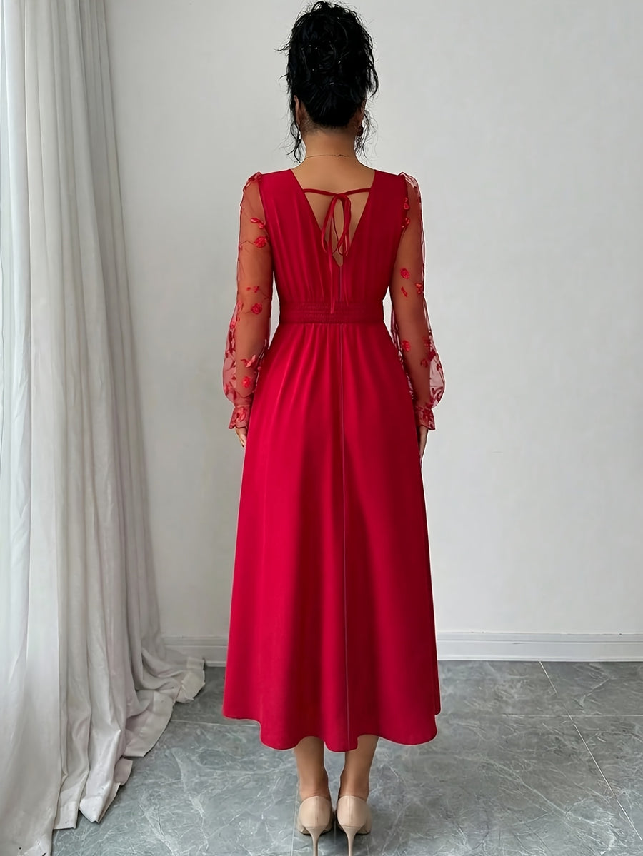 Elegant Women's Solid Color Patchwork Mesh Long Sleeve Dress - Red