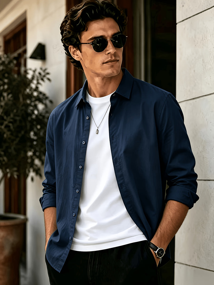 Men'S Long Sleeve Casual Shirt for Summer, Lightweight, Breathable And Comfortable. Slim-Fit And Versatile with Relaxed Cut, Ideal for Daily Commuting And Travel Outfits. (Shirt solely) - Navy Color