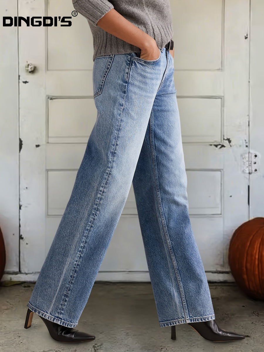 Women's 2026 New Stretch Wide-Leg Jeans, Low-Rise Straight-Leg Denim Pants, Vintage Washed Dark Blue Loose-Fit Denim Trousers, Comfortable Tummy-Control Casual Pants with Pockets, Street Style Clothing, Suitable for Travel, Work, Boyfriend Jeans - Medium Blue