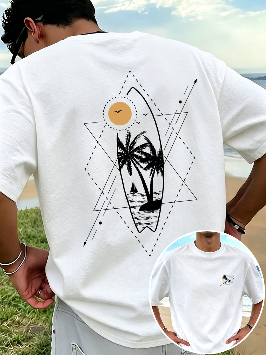 New Men's 100% Pure Cotton T-Shirt with Surfboard, Coconut Tree, and Sun Print, Comfortable and Breathable for Summer Casual Beach Vacations - White