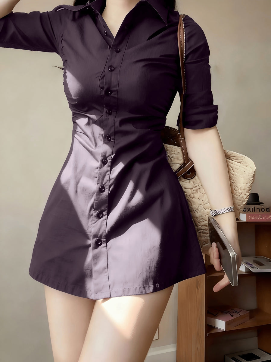 Waist- And Single-Breasted Solid Color Shirt Dress, Suitable for Dating And Commuting - Deep Purple