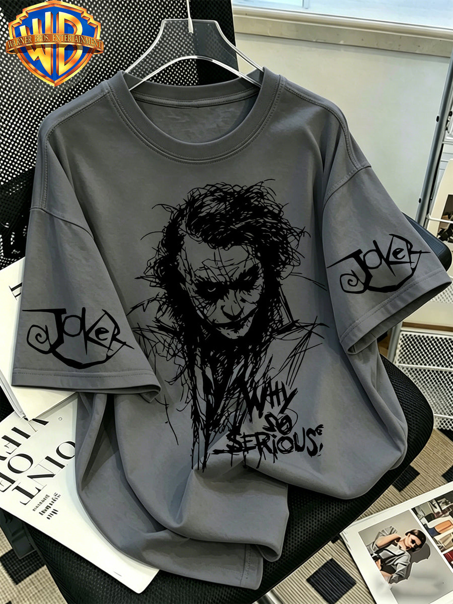 Warner Bros. Official - Classic Heath Ledger Joker JOKER Printed T-shirt, Men's 100% Pure Cotton Casual and Comfortable Multi-functional Loose Summer Short Sleeved T-shirt, Suitable for Outdoor and Daily Wear - Dark Gray