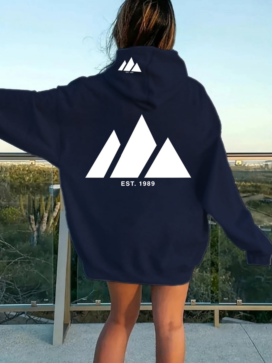 Women'S Geometric Triangle Print Zip-Up Hoodie with Pockets, Casual Soft Printed Sweatshirt for Autumn Winter - Navy Color