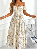 Shangyue Clothing Women'S New Elegant Waist-Cinching Printed Vacation Dress - Apricot