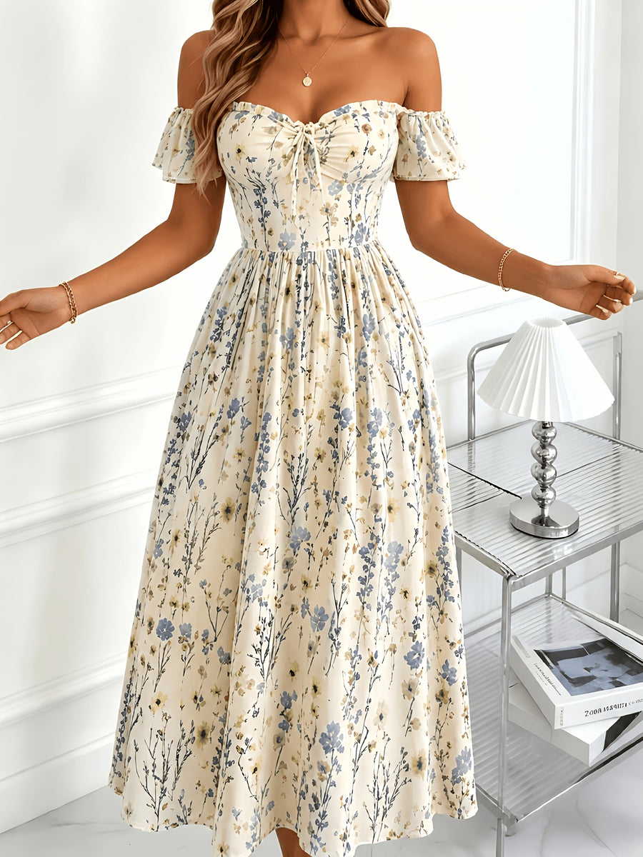 Shangyue Clothing Women'S New Elegant Waist-Cinching Printed Vacation Dress - Apricot