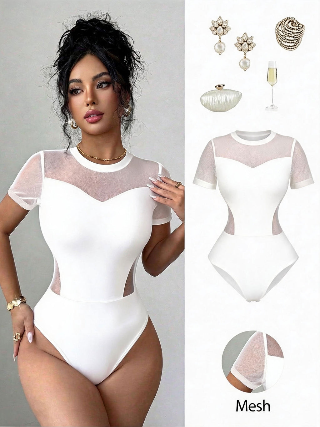 Golden Label Style Summer New Fashionable Easy Elegant Solid Color Mesh Spliced Short Sleeve Round Neck Slim Fit Bodysuit Women Women'S Elegant Mesh Spliced Round Neck Short Sleeve Slim Fit Bodysuit, Spring/Summer Style - White