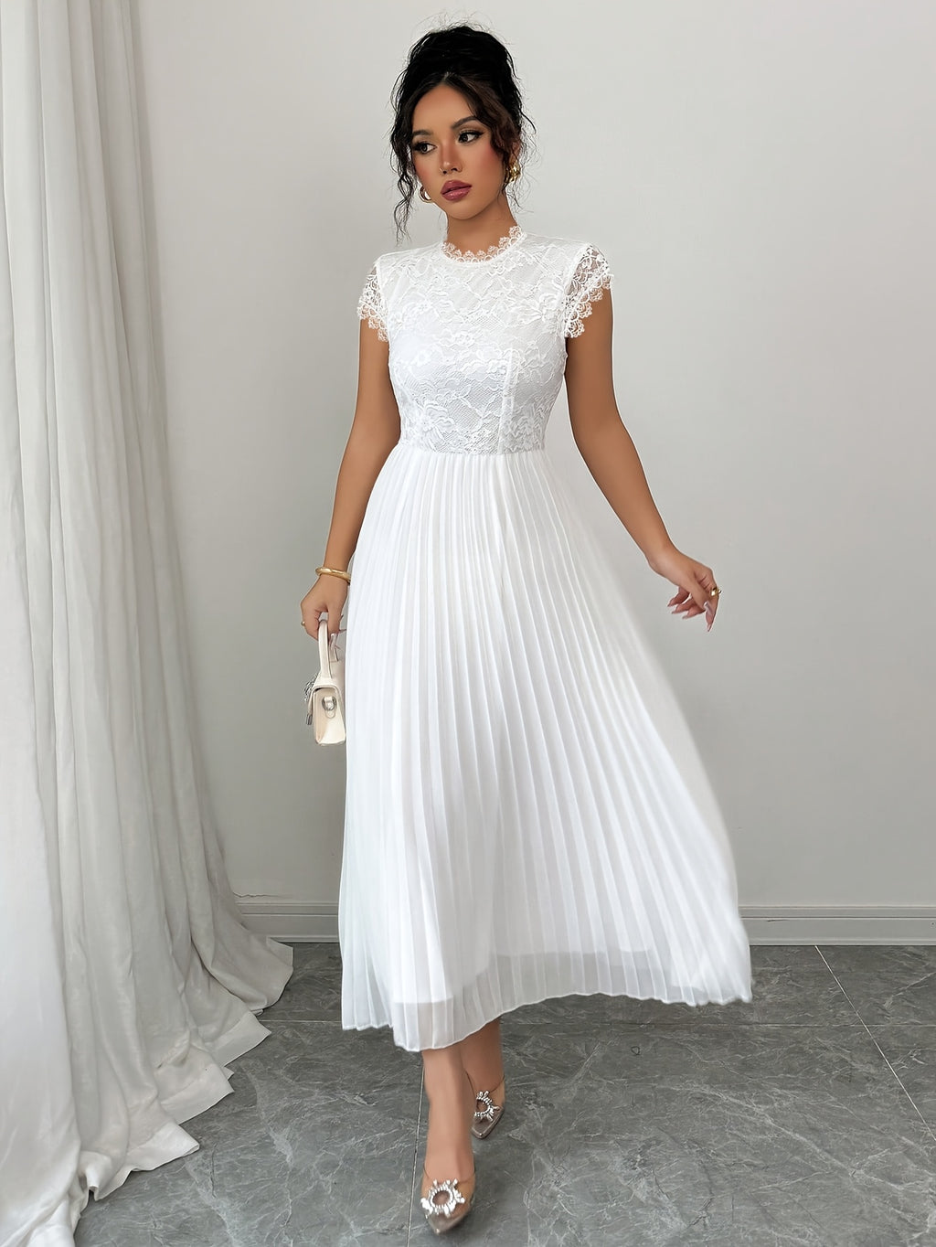 Women'S Elegant Summer Floral Lace Patchwork Pleated Maxi Dress - White