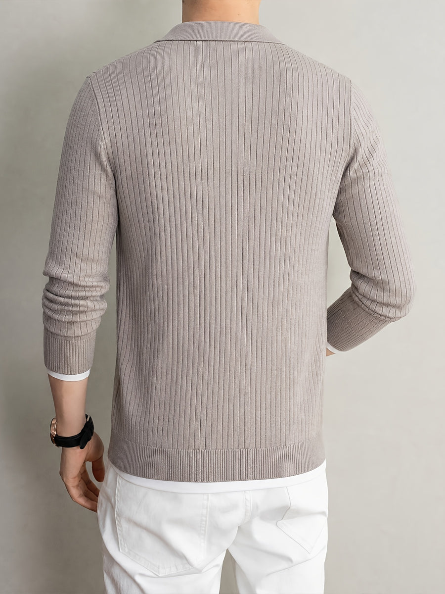 Men's Thick Knit Cardigan for Autumn & Winter, Classic Polo Collar, Solid & Striped Minimal Design, Old Money Style Warm Soft Sweater, Ideal Gift for Dad - Light Camel