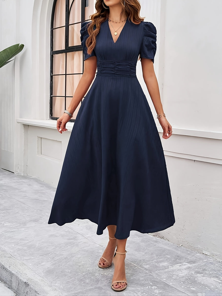Solid V-Neck Elegant Dress - Navy blue color