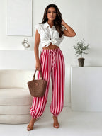 Women' Elegant Striped Tapered Wide- Pants - Cuffed Ankle & Long Length Trousers Suitable for Spring Summer Fall, Striped Trousers for, Semi-Formal & Casual Attire, Machine Washable Non-Stretch Pants - Rose Red Strip