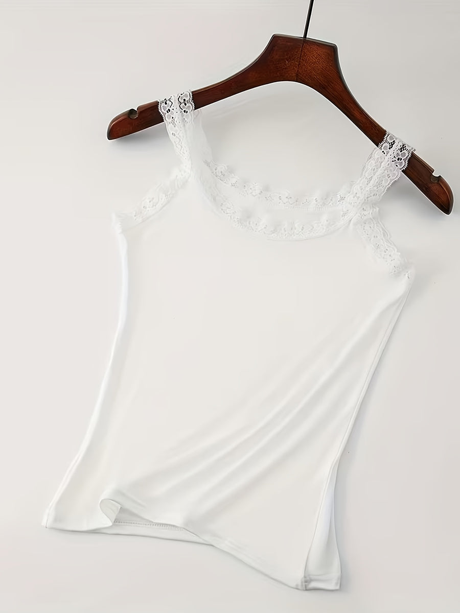 Women'S Elegant Lace Trim Camisole, Lightweight Breathable Soft Slim Fit Tank Top, Casual Fashion Basic Layering Cami Top, Daily Loungewear Vest for Outerwear & Underlay - White