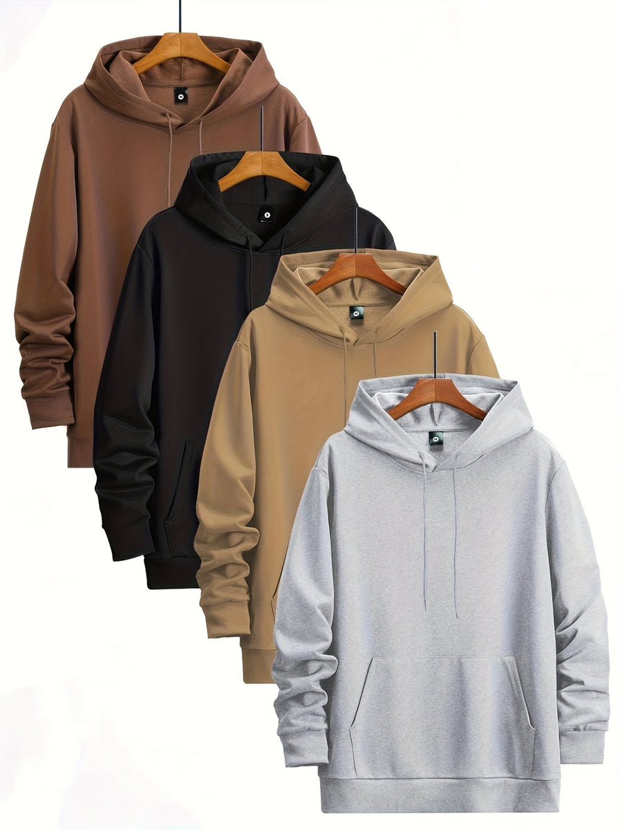 A Set of 4 Men'S Long-Sleeve Hoodies for Spring And Autumn, Featuring a Solid Color, Drawstring Design, And Kangaroo Pocket. Perfect for Casual Outdoor Sports And Jogging, Ideal As a Gift for Boyfriends Or Husbands - Mixed Color 2