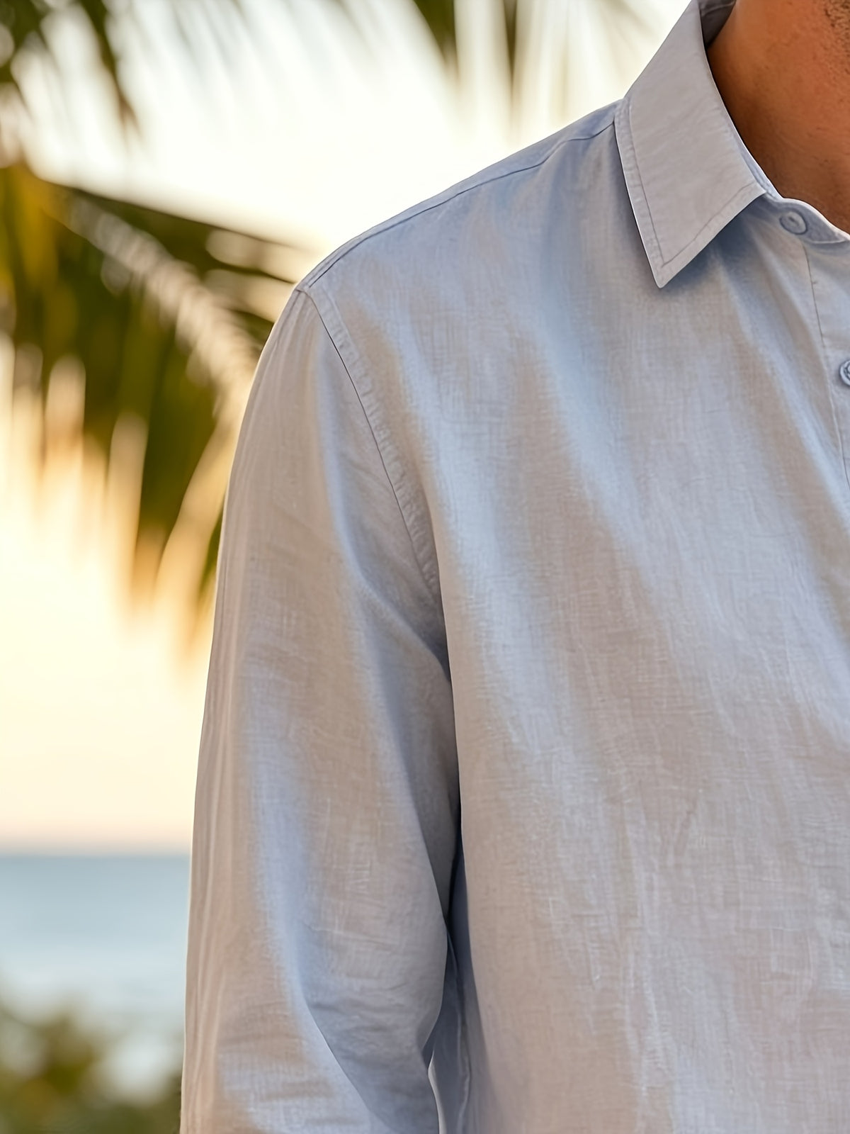Vacation Style Men'S Summer Long Sleeve Shirt, Classic Lapel Single-Breasted Design, Multiple Basic Solid Colors Available, Suitable for Daily Commute And Beach Travel (Shirt) - Sky Blue