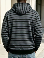 2026 New Men'S Striped Hooded Sweatshirt, Half-Button Drawstring Hoodie, Casual Long Sleeve Pullover Top - Dark Gray