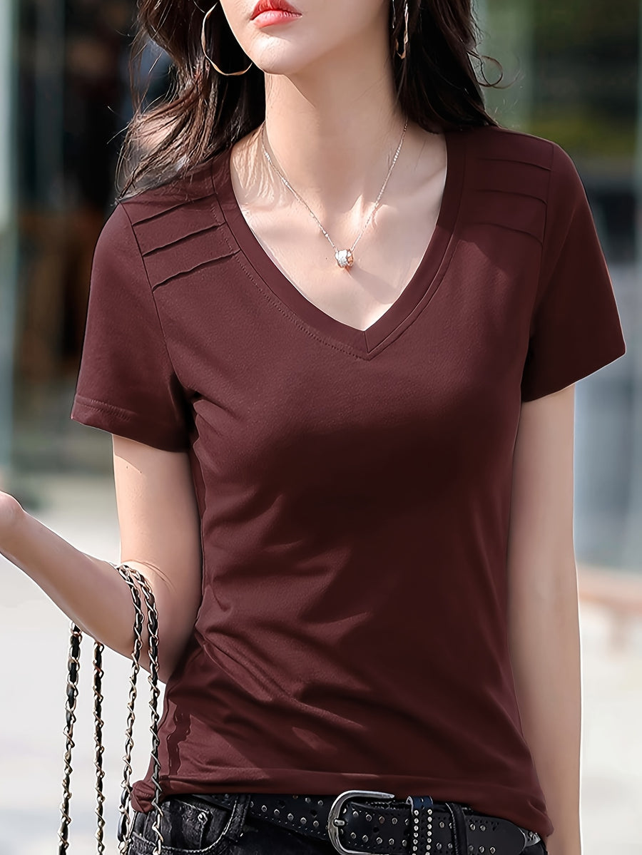 Women's Solid Color T-Shirt Suitable for - Wear - Soft Non- Blouse-Compatible Middle Eastern Style Top, Medium Stretch Opaque Base Layer for Casual & Professional Outfits, Hand Washable Minimalist Wardrobe Essential - Deep Red