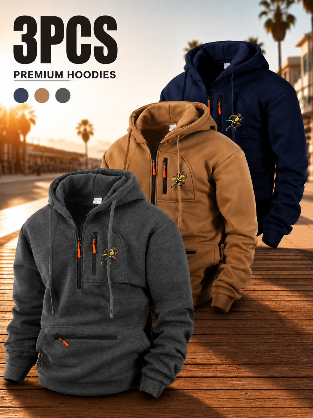 Men'S Hoodie Multi-Zipper Pocket Design Running Figure Graphic Casual Style Outdoor Wear Autumn Winter 3pcs Set - Dark Gray + Khaki + Navy Blue