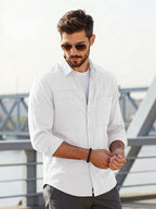 Men's Solid-color Work Shirt with Double Pockets, Lapel Long-sleeve Button-up Shirt, Loose Plus-size Casual Jacket Shirt, Loose-fit Basic Daily Top for Daily Wear and Outdoor Activities - White