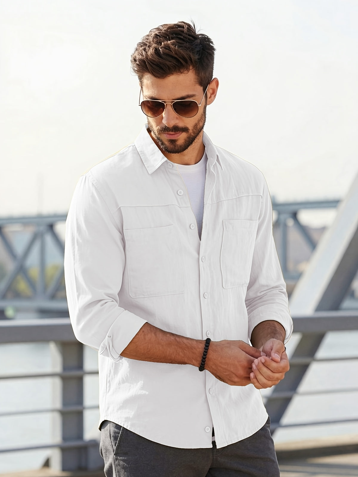 Men's Solid-color Work Shirt with Double Pockets, Lapel Long-sleeve Button-up Shirt, Loose Plus-size Casual Jacket Shirt, Loose-fit Basic Daily Top for Daily Wear and Outdoor Activities - White