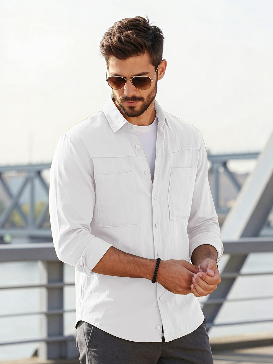 Men's Solid-color Work Shirt with Double Pockets, Lapel Long-sleeve Button-up Shirt, Loose Plus-size Casual Jacket Shirt, Loose-fit Basic Daily Top for Daily Wear and Outdoor Activities - White