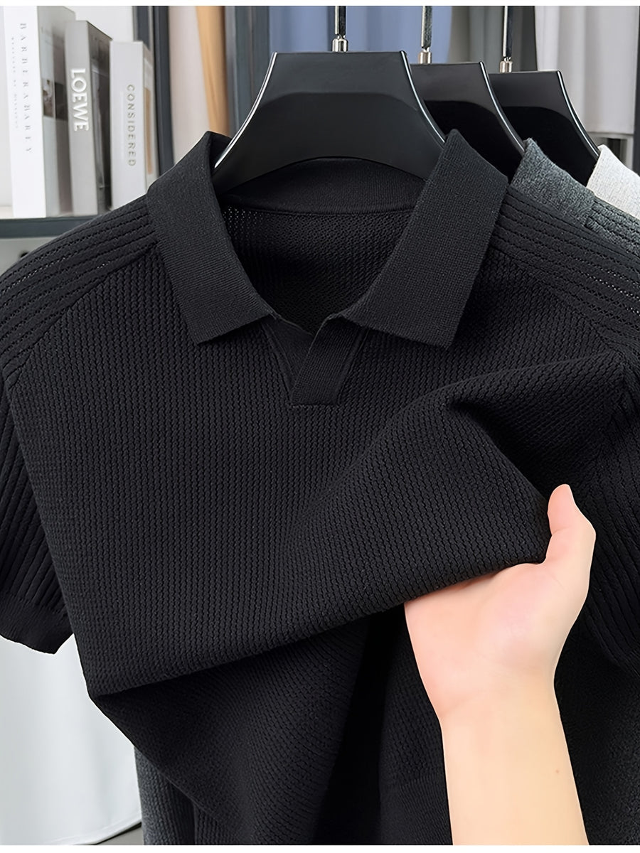SaXing OBM Men's New Summer Style Polo Shirt, Old Money Style Textured Solid Color Ribbed Half-Placket Thin Breathable V-Neck Short Sleeve T-Shirt, Men's Fashionable Versatile Pullover Base Layer Top, Suitable for Summer Wear, Compatible with Daily - Black