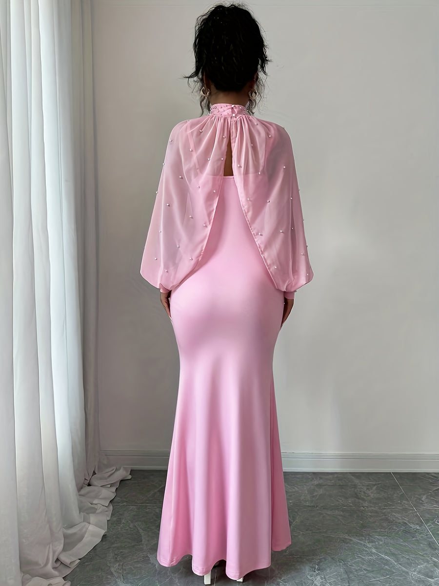 WY251221079 Elenzga New Elegant and Sophisticated Evening Gown, Dignified and Gentle, Dreamy, Hand-beaded Long-Sleeve Top, Graceful Mermaid Fit Slip Dress Set, Women's Elegant Bridesmaid Dress - Pink