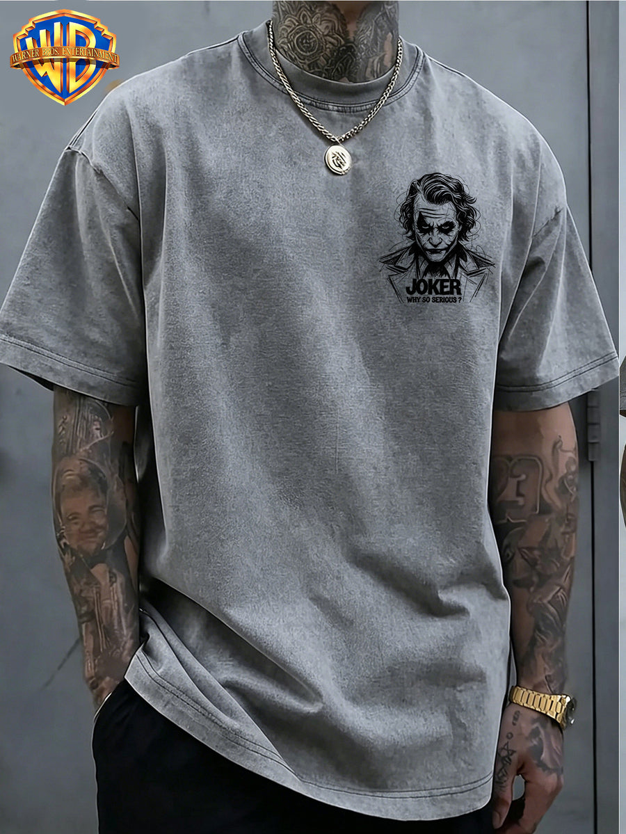Warner Bros. Official - Cool Line Art Joker Print, American Vintage Washed Distressed T-Shirt, Suitable for Daily Commuting and Outdoor Wear, Machine Washable, Unisex - Grey