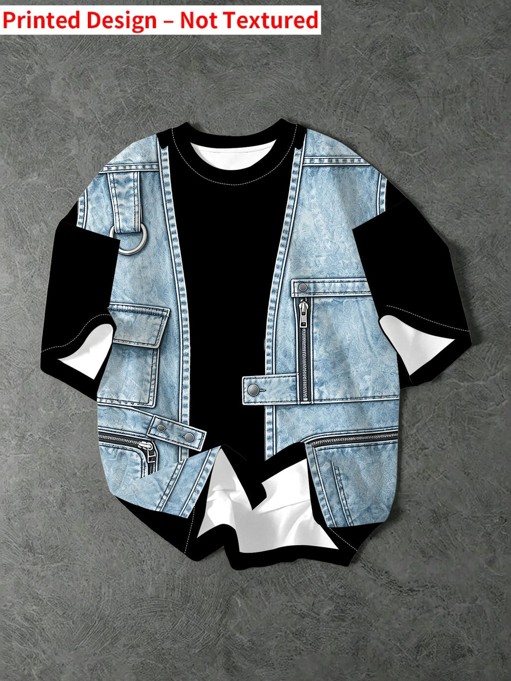 Men'S Faux Two-Piece Faux Denim Vest Print Round Neck Short Sleeve T-Shirt, Individual Trendy Street Style Casual Top (Corresponding to Specific Visual Misleading Effect Type) - Mixed colors
