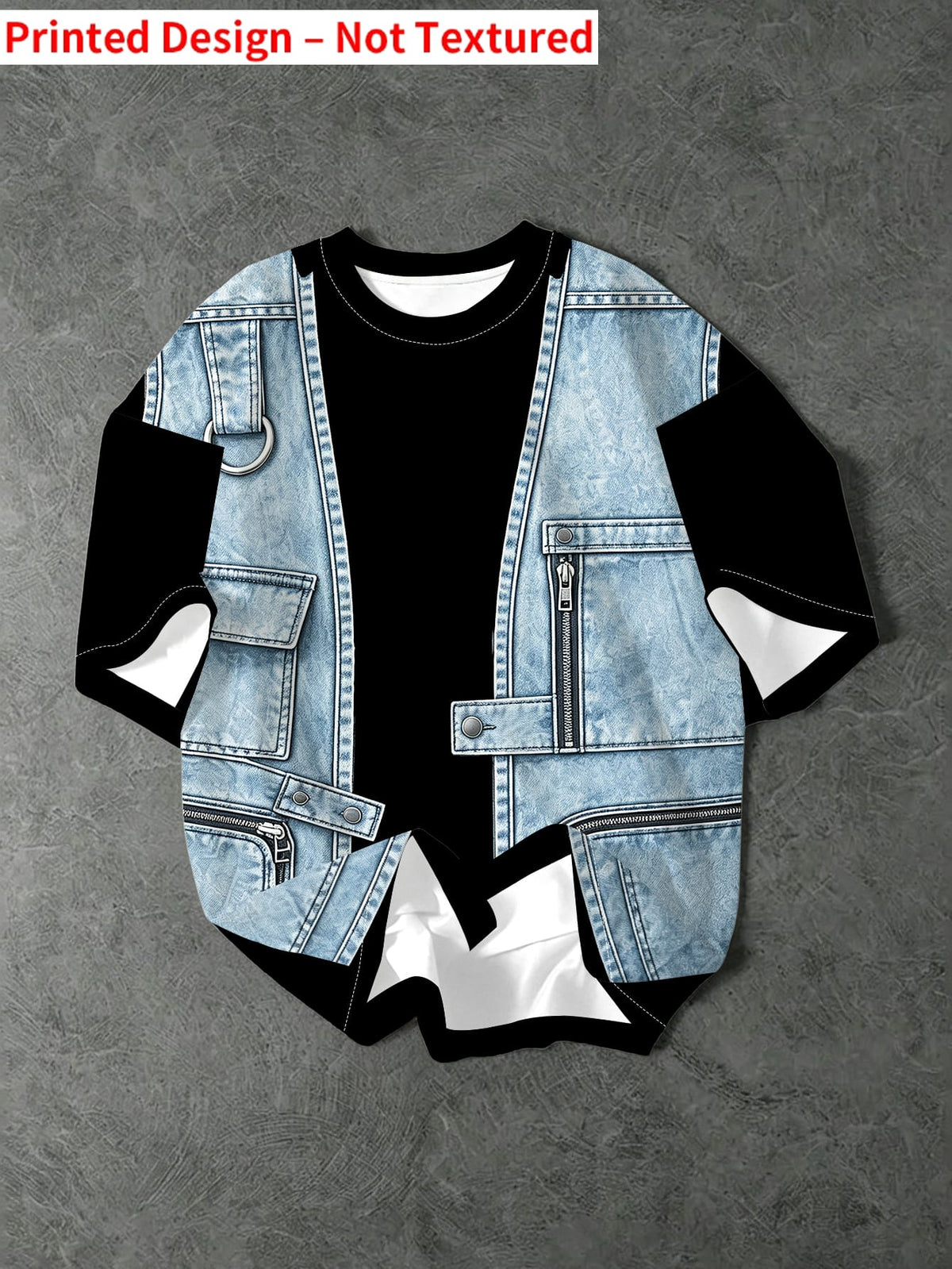 Men'S Faux Two-Piece Faux Denim Vest Print Round Neck Short Sleeve T-Shirt, Individual Trendy Street Style Casual Top (Corresponding to Specific Visual Misleading Effect Type) - Mixed colors