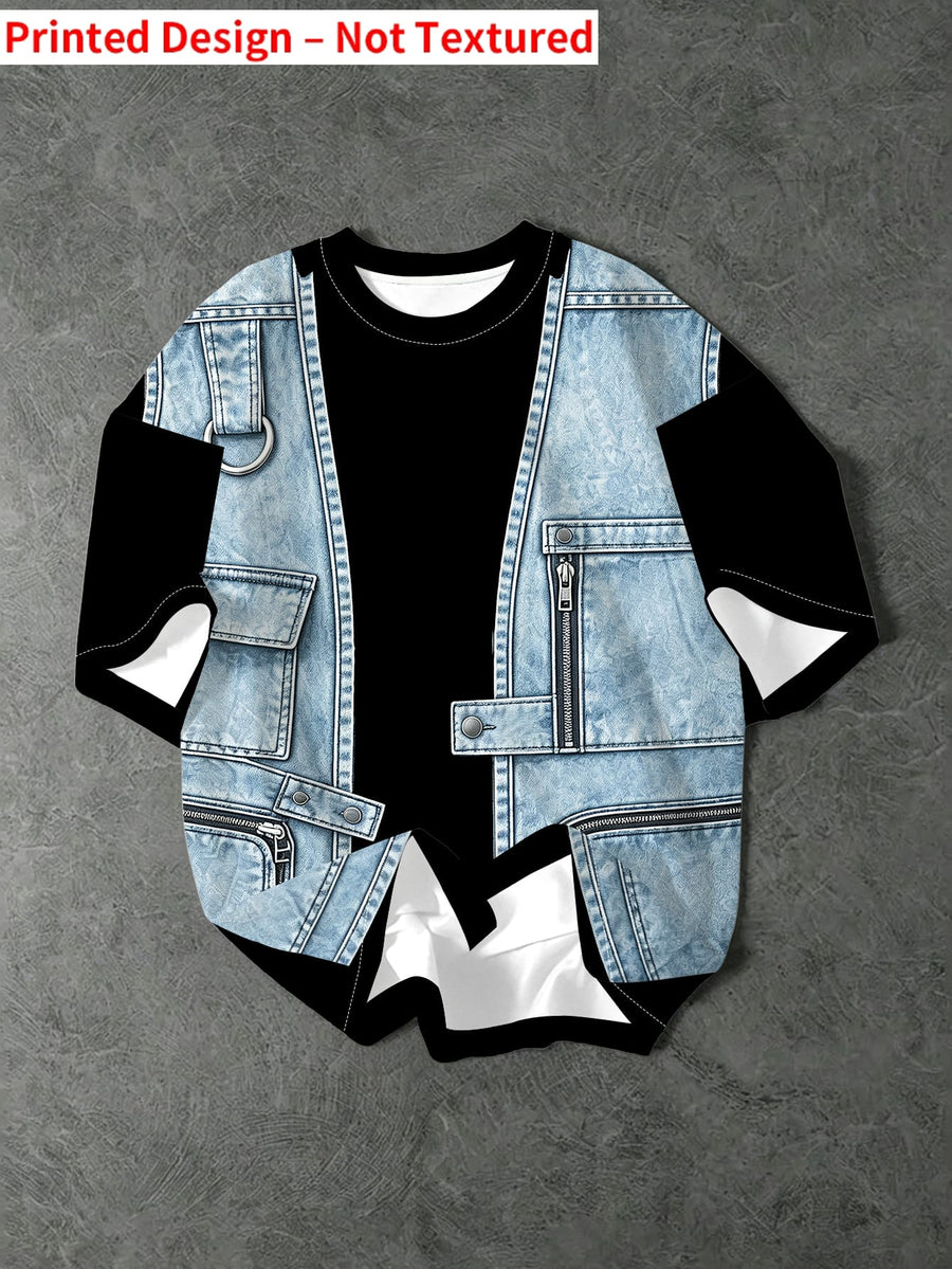 Men'S Faux Two-Piece Faux Denim Vest Print Round Neck Short Sleeve T-Shirt, Individual Trendy Street Style Casual Top (Corresponding to Specific Visual Misleading Effect Type) - Mixed colors