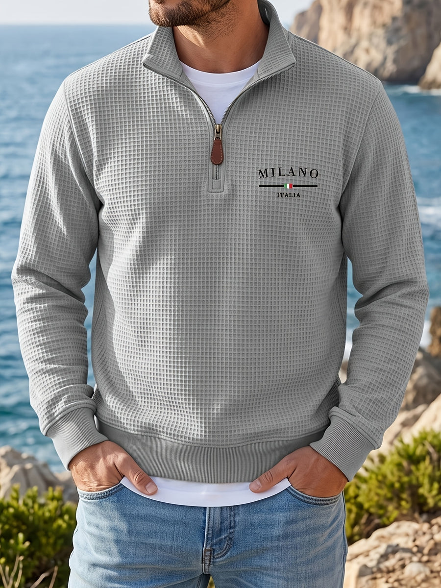 Men's Casual Half-Zip Sweatshirt, Waffle Knit Fabric, Comfortable and Breathable, Versatile for Spring and Autumn, Suitable for Outings and Vacations, an Essential for Daily Wear - Light Grey