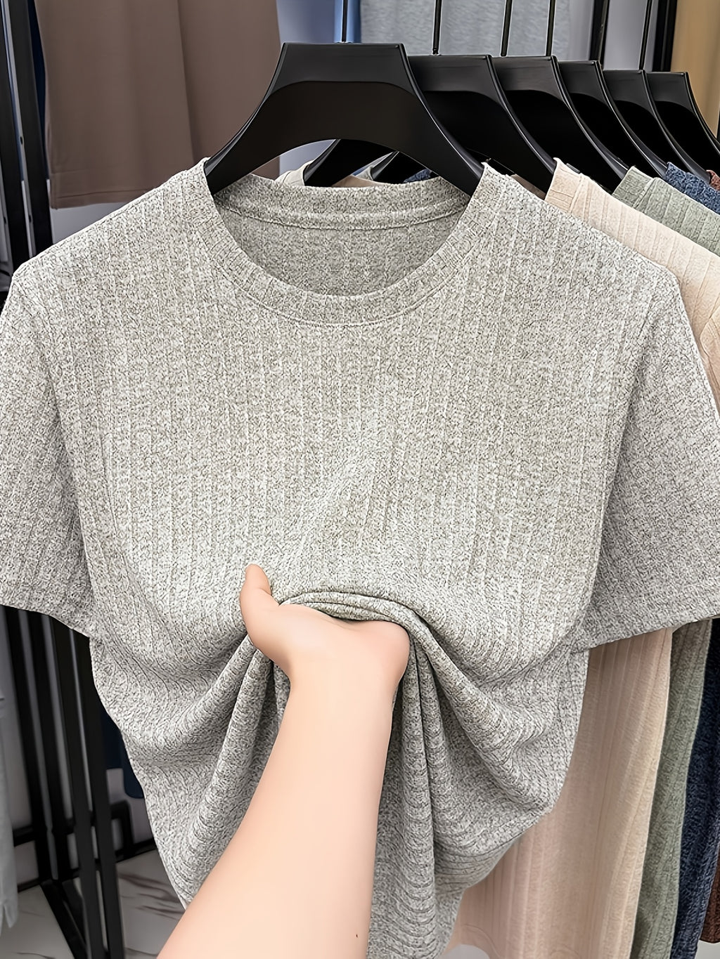 Men'S Round Neck Vertical Ribbed Knit T-Shirt, Summer Breathable Commuter Business Style, Casual Versatile Short Sleeve Top, Basic Round Neck Design, Neat Stitching, Contouring Neckline, Unrestrictive for Daily Activities - Ash