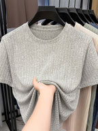 Men'S Round Neck Vertical Ribbed Knit T-Shirt, Summer Breathable Commuter Business Style, Casual Versatile Short Sleeve Top, Basic Round Neck Design, Neat Stitching, Contouring Neckline, Unrestrictive for Daily Activities - Ash