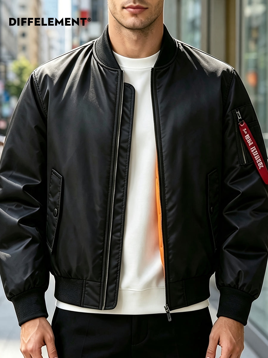 DIFFELEMENT Men's Baseball Collar Flight Jacket, Windproof, Wrinkle-Resistant, Wear-Resistant, Woven Fabric, Smooth Zipper Closure, Ribbed Cuffs and Hem, Sleeves with Pockets, Red Ribbon Accent, Loose Casual Fit, Suitable for Urban Commuting - Black