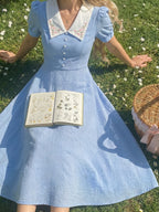 Targeted Elegant Women'S Clothing Solid Color Patchwork Embroidered Collar Short Sleeve Dress - Blue