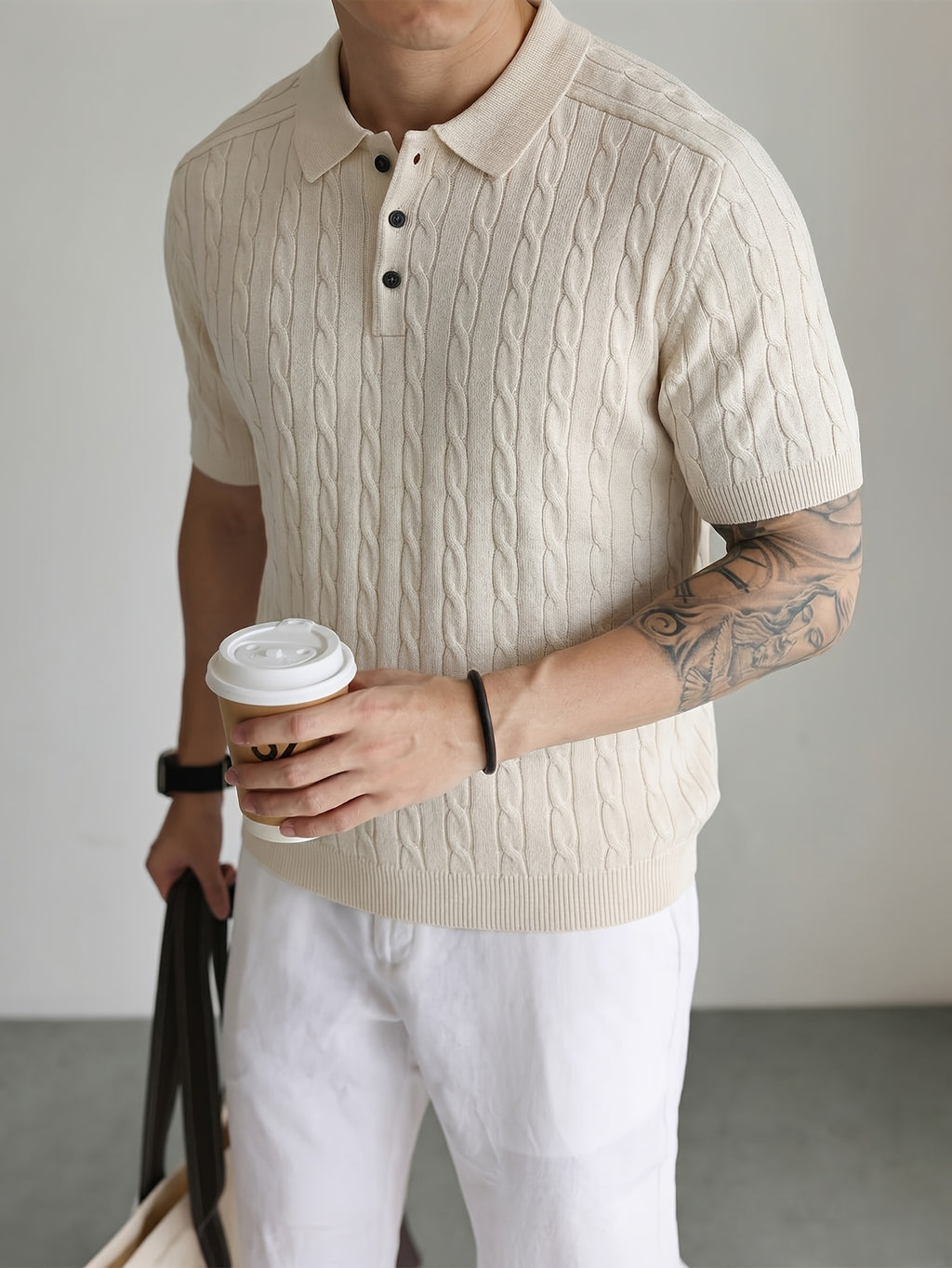 Short-Sleeved Knitted Shirt 2026 Spring/Summer New Product Cable Knit Lapel Slimming Pullover Top, Vertical Stripe Heavy-Duty Twist Slimming Pattern, Light Luxury Business High-Quality Style, Fashionable, Easy And Handsome, Precise Workmanship - 【Light Yellow】
