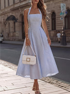Women'S Striped Printed Halter Neck Sleeveless Party Dress - Light Blue