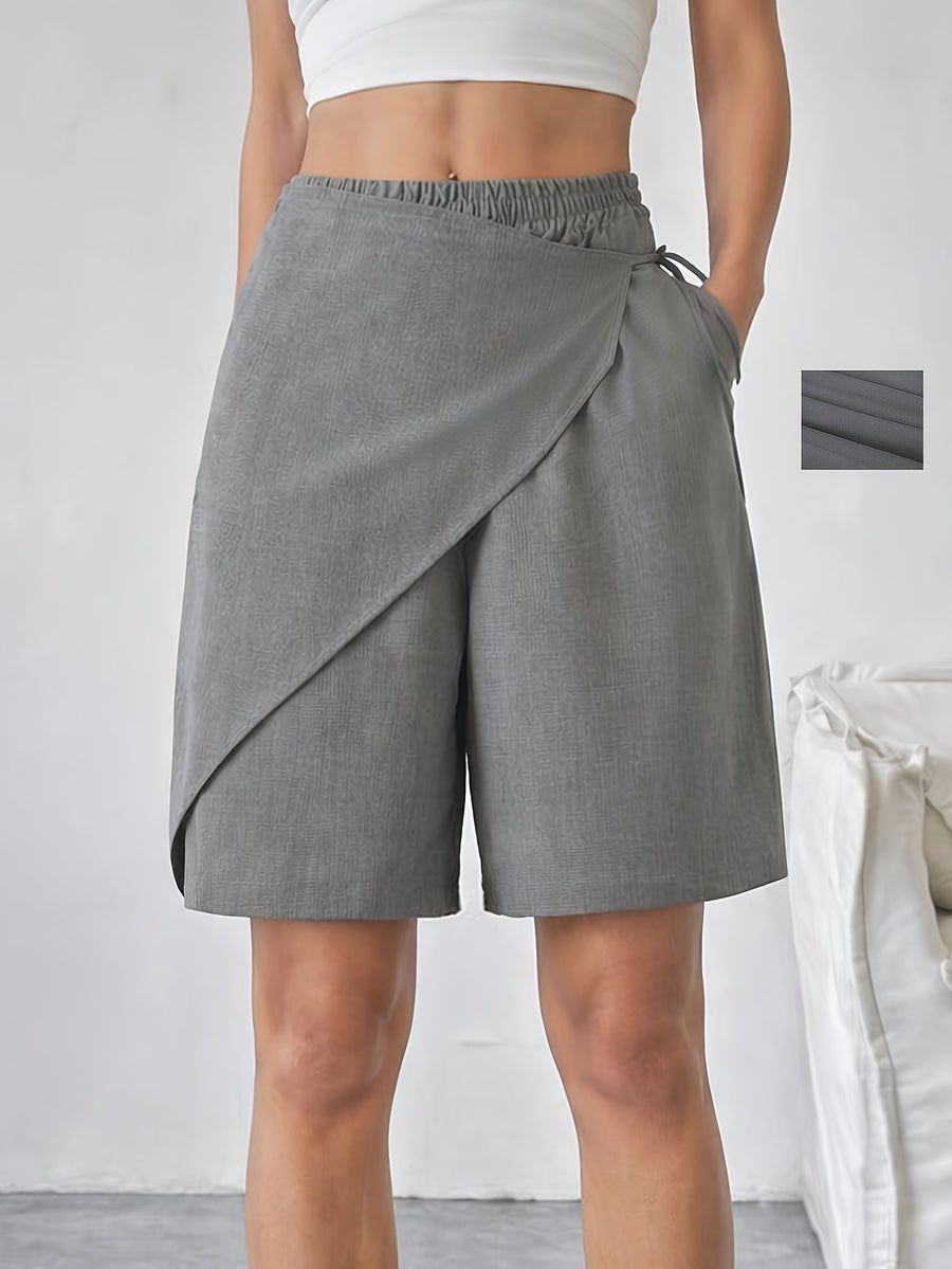 Women's Fashion Elastic Waist Wide-Leg Shorts - Designer Casual Pants - Grey