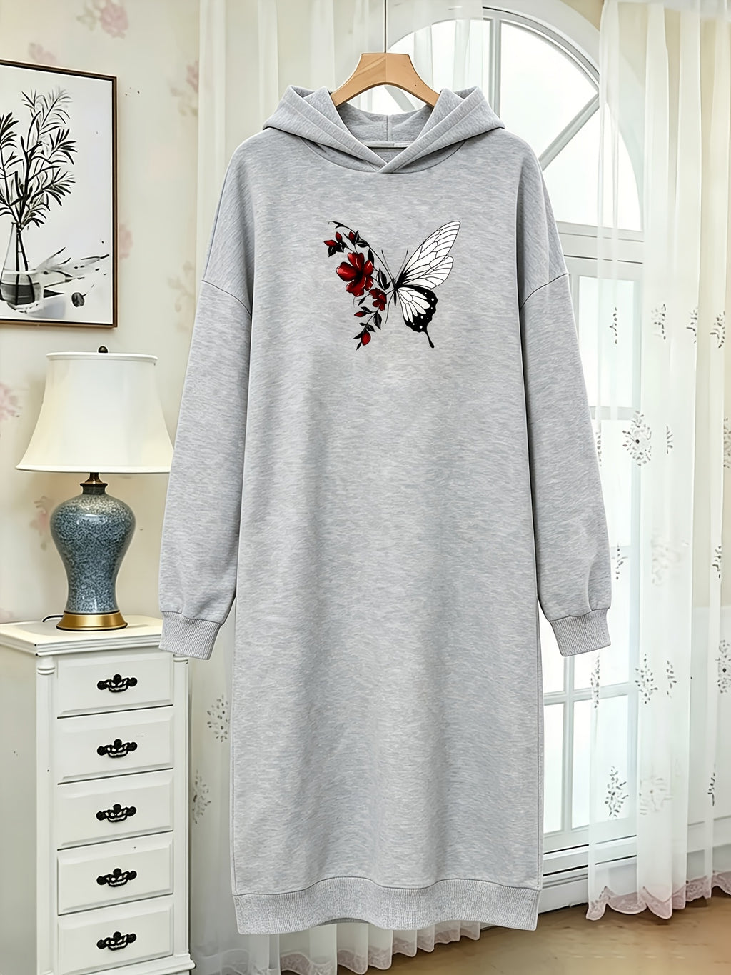 Autumn and Winter Women's Fashion Casual -lined Thickened Pullover Long Sleeve European and American Hooded Sweatshirt with Print Sweatshirt Long Trendy Casual Versatile - Grey
