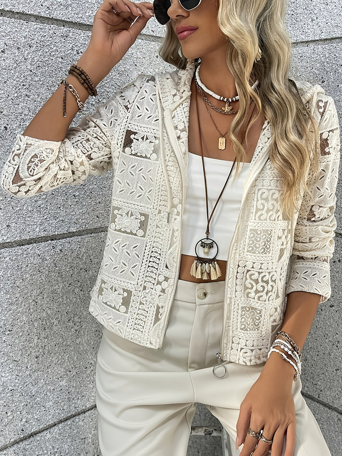 Women'S Elegant Casual Hooded Cardigan - Geometric Pattern, Long Sleeve, Zip-Up, Front Pockets, All-Season Wear, White with Black Accents, Perfect for Vacation Or Everyday Style, Vacation Cardigan | Geometric Pattern Cardigan | Cardigan, Sweater for - Beige