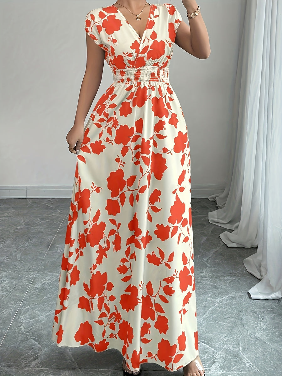 Elegant Pink Floral Maxi Dress with V-Neck and Short Sleeves - Flowing A-Line Silhouette, Cinched Waist, Perfect for Spring/Fall, Casual to Formal Wear, Casual Elegant Wear | Floral Print Dress | Cinched Waist Design - Orange-Red