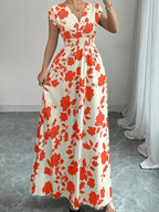 Elegant Pink Floral Maxi Dress with V-Neck and Short Sleeves - Flowing A-Line Silhouette, Cinched Waist, Perfect for Spring/Fall, Casual to Formal Wear, Casual Elegant Wear | Floral Print Dress | Cinched Waist Design - Orange-Red