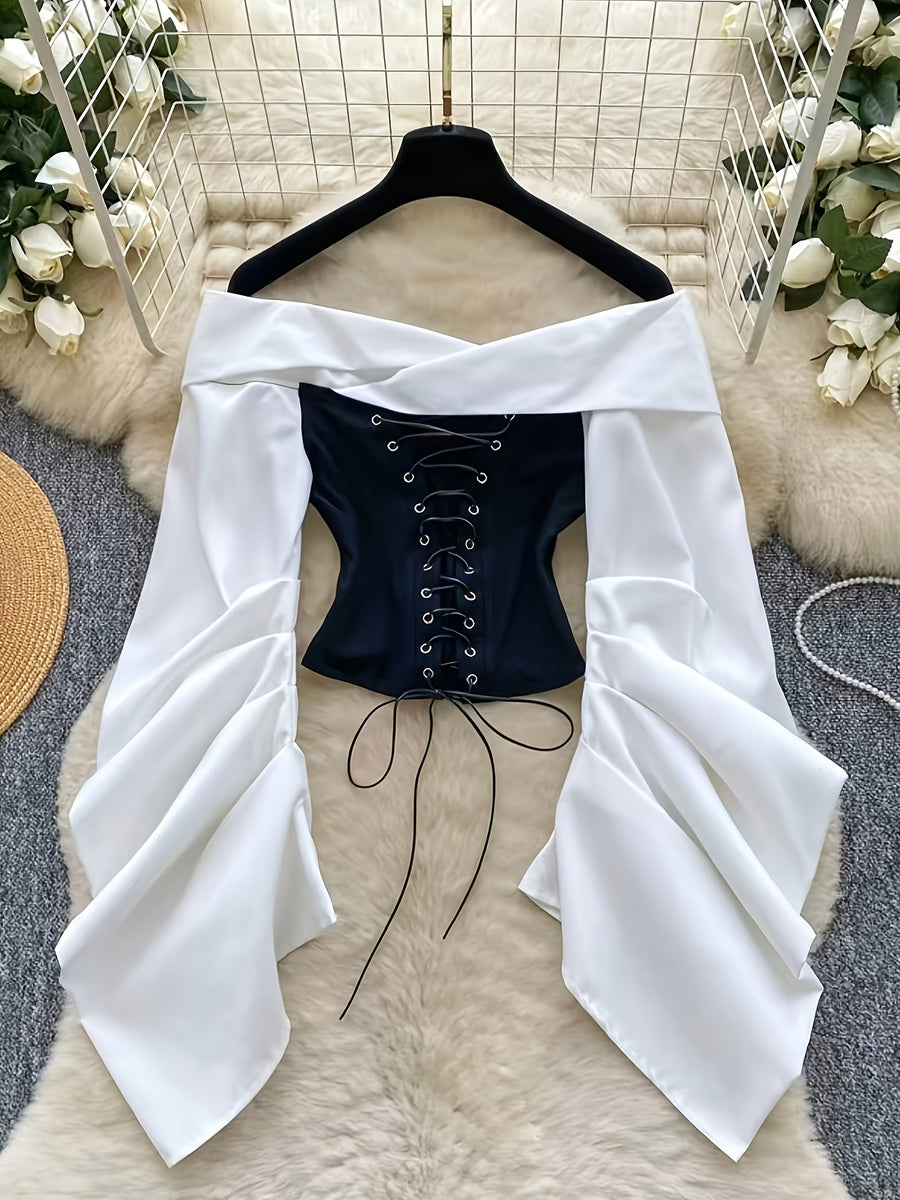 Spring Summer Fashion New Style Top Elegant Contrast Color Patchwork Off-Shoulder Square Neck Drawstring Short Top - Black And White Contrast