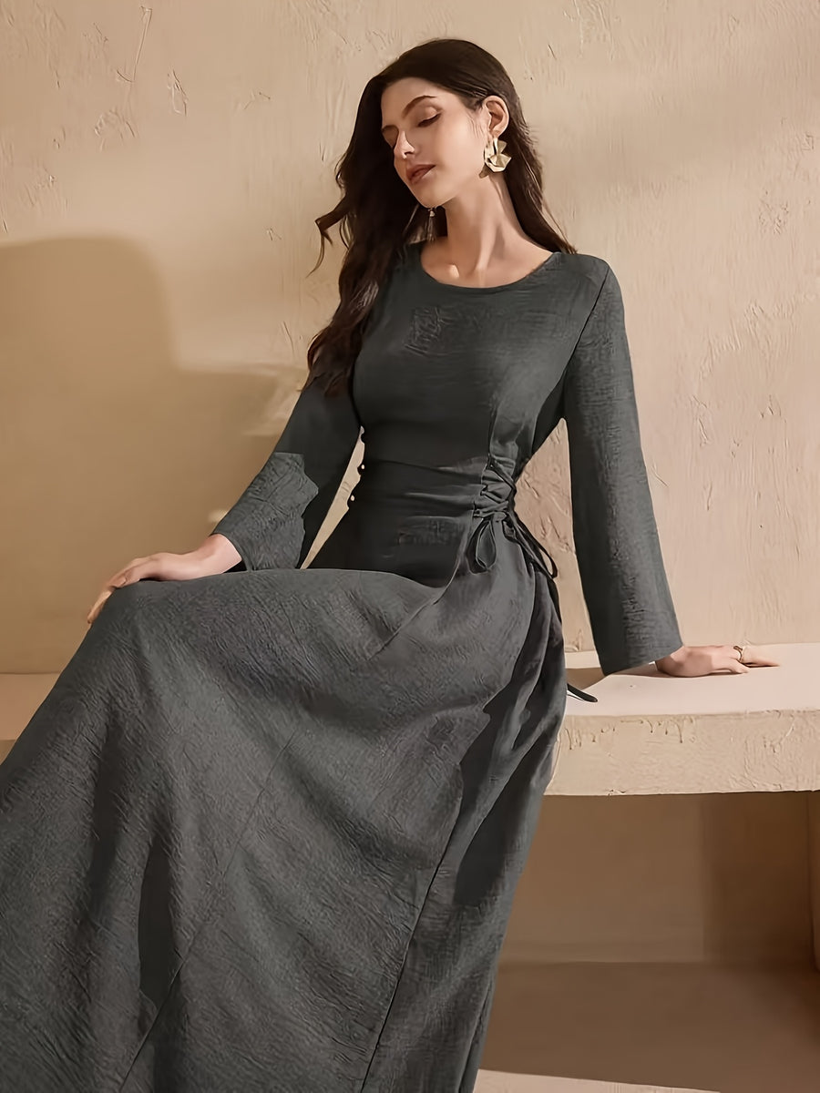 Women's Elegant A-Line Dress - Adjustable Drawstring Waist, Non-Stretchy Fabric for Formal & Everyday Events - Machine Washable Women's Clothing (Spring/Fall/Summer), Spring Outfit, Round Neckline, Flowing Silhouette - Deep Grey