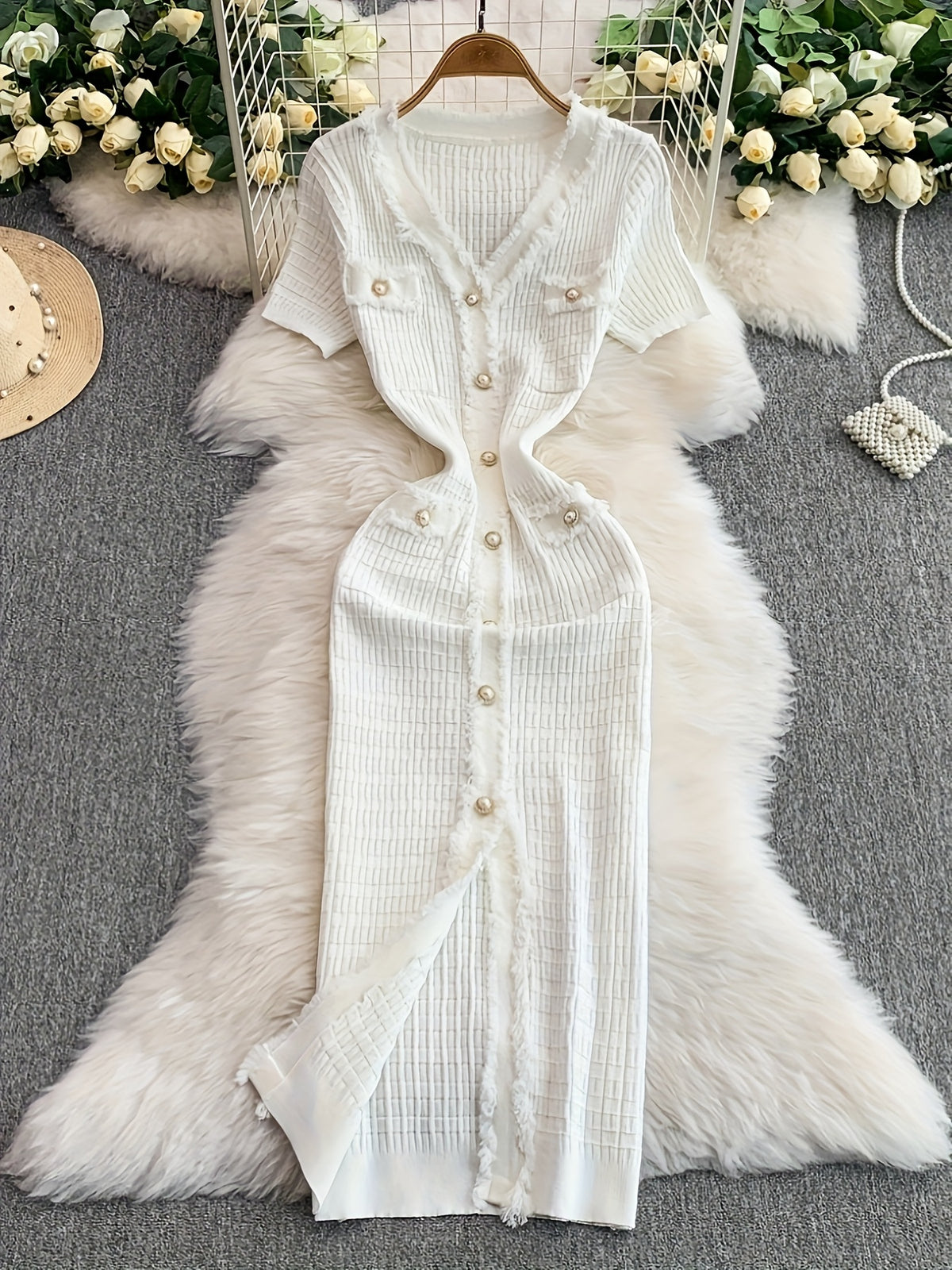 V-neck Metallic Single-button Solid Color Fashionable Fringe Trim Body-hugging Slit Mermaid Dress LL256 - White