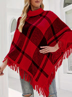 Spring/Autumn New Plaid Color-Block Fringe Shawl Women's High-Neck Irregular Pullover Sweater - Red
